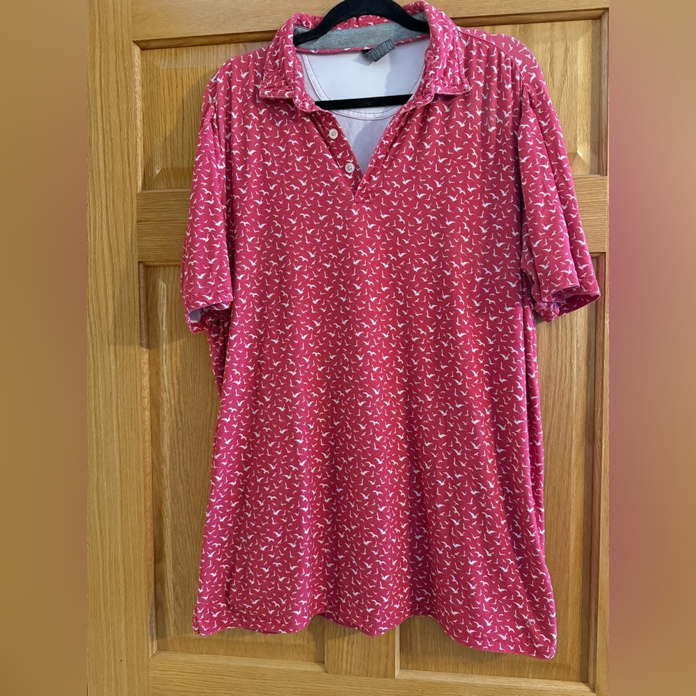 AndersonOrd golf polo men’s size extra large XL pinkish/red bird print with logo